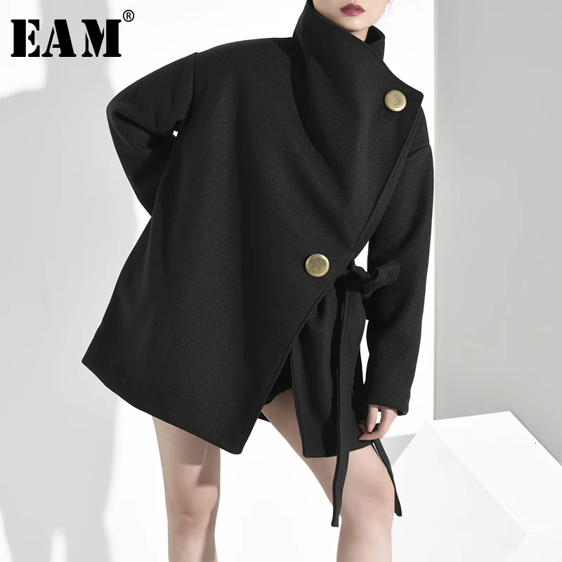 [EAM] свободное черное Бандажное пальто большого размера, Короткое шерстяное пальто, парки, новинка, длинный рукав, женская мода, Осень-зима, 1M0130