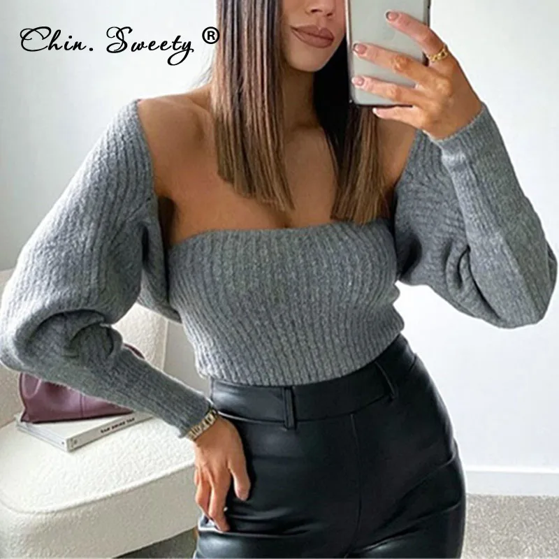 Knit Women's Skinny Tube Tops Loose Shawl Suits 2021 Autumn New Batwing Sleeve Two Piece Set Ladies Sexy Fashion Club Sets |