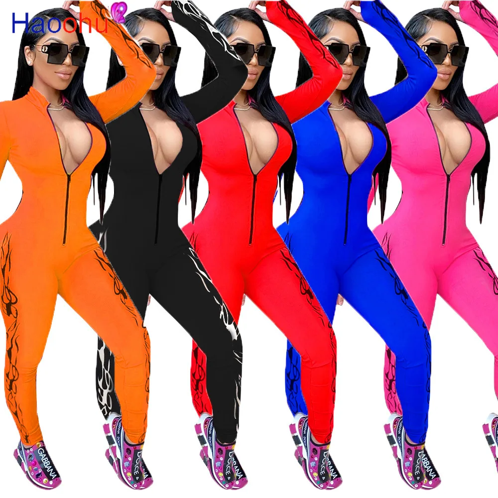 Casual Print Fitness Rompers Womens Jumpsuit Deep V Neck Long Sleeve One Piece Overalls Autumn 2020 Zipper Skinny Stretch Outfit | Женская