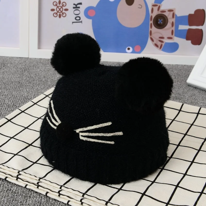 Baby Beanies Double Ball Wool Cartoon Pompom Hat Children Winter Knitted Hats Cute Cap for Girls Boys Thick Kids Beanies - Цвет: black hat