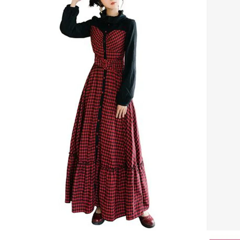 

Vintange Maxi Dresses New Spring Autumn Long Sleeve plaid Stitching Loose Dress Casual High collar Long Dress