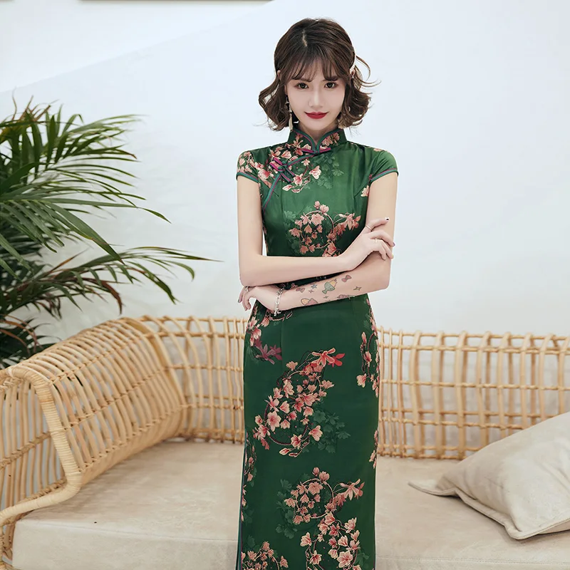 

Chinese Dresses Cheongsam Classical Green Spring Flower Autumn Moon Long Dress Sexy Split Tang Costume Lady Banquet Qipao