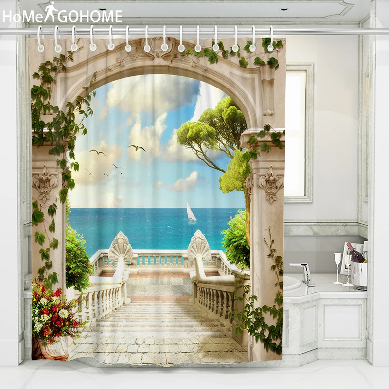 Морская пляжная занавеска для душа s 3D пейзаж для ванной экран романтическая римская Арка Водонепроницаемая занавеска с крючками для ванной комнаты декор для ванной