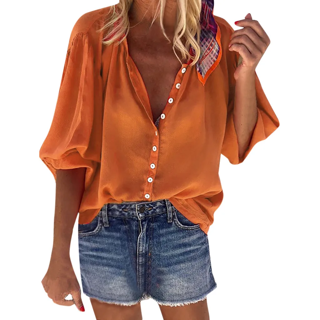 Шифоновая Блузка с длинным рукавом, Сексуальная Блузка с отложным воротником, Женская Офисная рубашка, туника, повседневные свободные топы размера плюс, Blusas# p3 - Цвет: Оранжевый