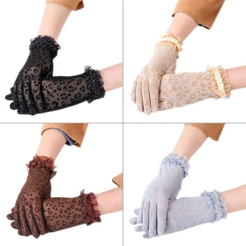 

Summer Sexy Leopard Lace Short Gloves Women Thin Full Finger Black Sunscreen Sun Protection Driving Mitten Female Elastic Glove