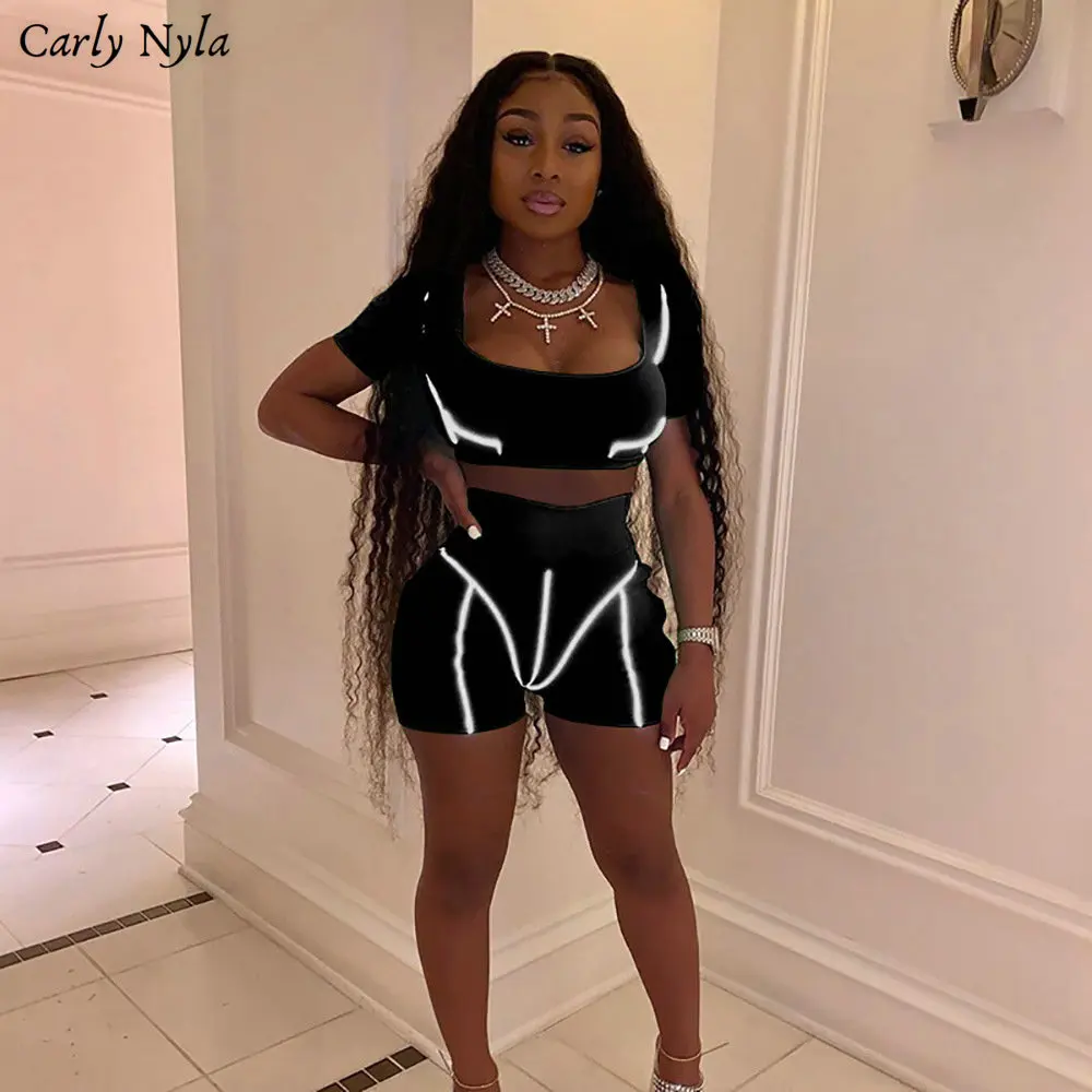 

CarlyNyla Casual Women Two Piece Sets Fashion Reflective Active Wear Tracksuit Crop Top And Shorts Matching Set Sporty For Women