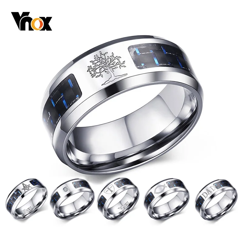 Vnox 8mm Personalize Carbon Fiber Ring For Man Engraved Tree Of Life Stainless Steel Male Alliance Casual Customize Jewelry Band fajarina top layer cowskin belt stainless steel buckle male men s cowhide leather thickened pure belts 10 years use n17fj1209