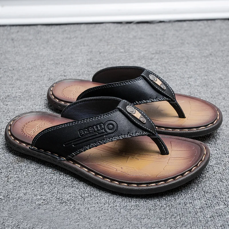 

2020 Summer Flip Flops Men Genuine Leather Cowhide Black Brown Split Toe Slipper Men Beach Shoes Large Size