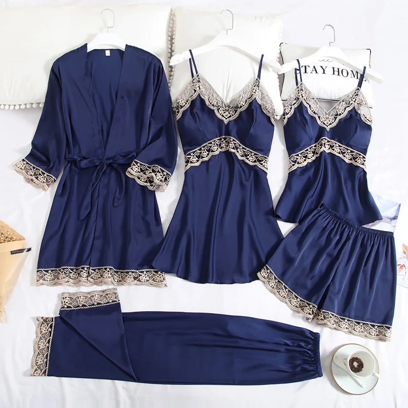

5PCS Pajamas Set Sleepwear Women Nightwear Satin Kimono Bathrobe Gown Casual Intimate Lingerie Lace Hollow Out Sleep Set
