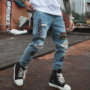 

2020 New Men Graffiti Hip Hop Jeans Distressed Hole Blue Streetwear Slim Fit Jeans Cotton Lightweight Comfy Denim Pants Male