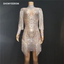 Женское блестящее Сетчатое платье с кристаллами, вечернее платье для вечеринки, платье для дня рождения, костюм для выступлений певицы