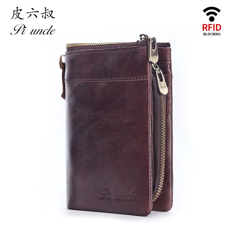 PI UNCLE Brand MOTO Style Metal Chain Wallets RFID Genuine Leather Men's Short Zipper Pocket Wallet Men Cardholder Purse