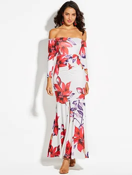 

2020 Women Long Maxi Dress Spring Sexy Slash Neck Mermaid Dresses Robe Floral Printed Zipper Beach Style Lady Femme Vestiods