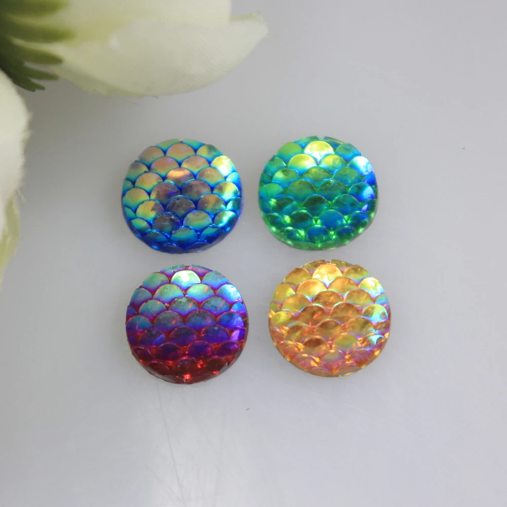 Wholesale 11MM Mixed Colour AB Coated Flatback Resin Fish Scale Pattern Round Cabochon For DIY Craft