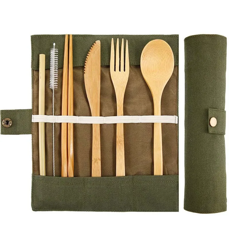 buy Wooden Flatware Cutlery Set Bamboo Straw Dinnerware Set With Cloth Bag Knives Fork Spoon Dishes Chopsticks Travel Tool Wholesale