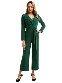 

FADZECO Fashion Green Long Sleeve High Waist Jumpsuits Women Autumn V Neck Tapered Jumpsuit Elegant Workwear Solid Jumpsuits