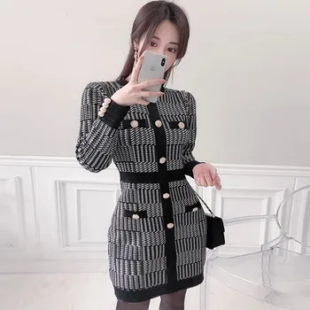 

Winter OL Slim Knitted Plaid Vestidos Women Pencil High Waist Bodycon Sexy Mini Daily Sweater Dresses