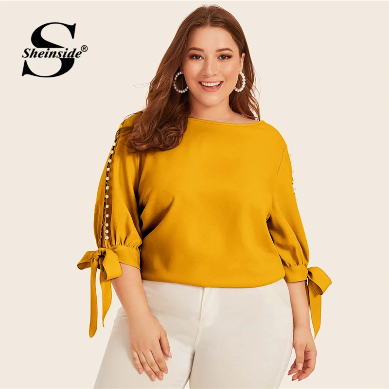 

Sheinside Plus Size Casual Pearls Beaded Knot Blouse Women 2020 Spring Yellow Half Sleeve Blouses Ladies Slit Detail Chiffon Top