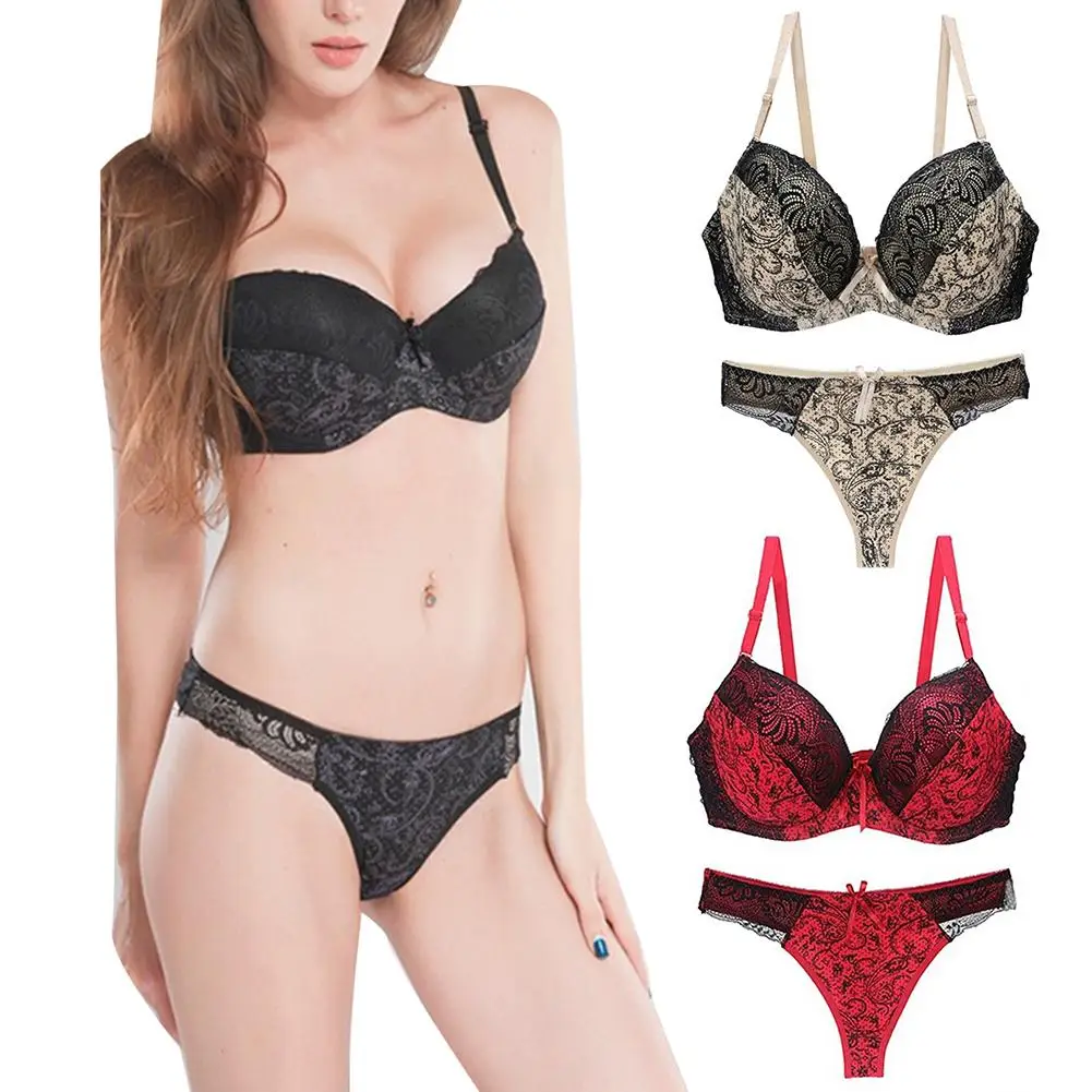 

2Pcs Color Block Lace Push Up Underwired Bra G-String Sexy Women Underwear Set
