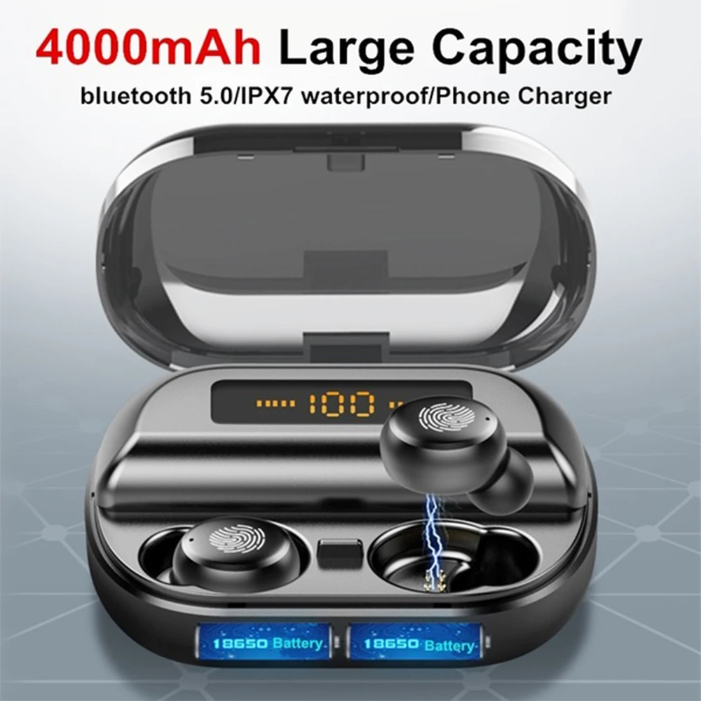 

KAYINUO 8D Surround sound bluetooth headest holder 4000mAh phone charger IPX7 waterproof wireless earphone bluetooth 5.0 touch