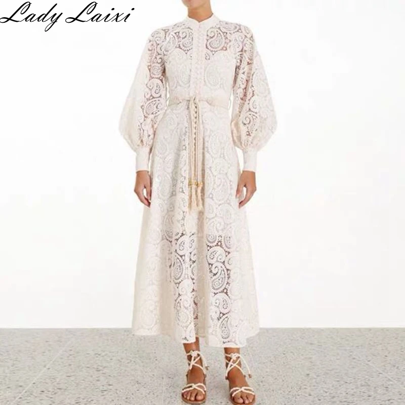 

2019 Autumn High Quality Luxury Runway Designer Dress Women's Lantern Sleeve Single-Breasted Hollow Out Lace Dresses