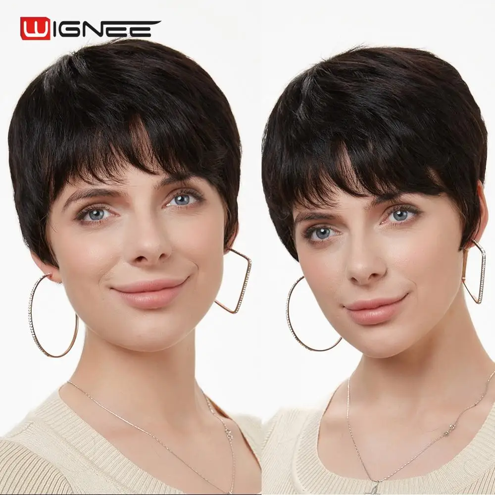 Wignee 6 inch Short Straight Hair Human Wigs With Free Bangs for Black Women 150% Density Short Pixie Cut Cheap Human Hair Wigs