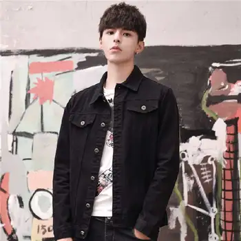 

2019 autumn men's black denim jacket spring color printing English letter jacket solid color tide single breasted men's jeans