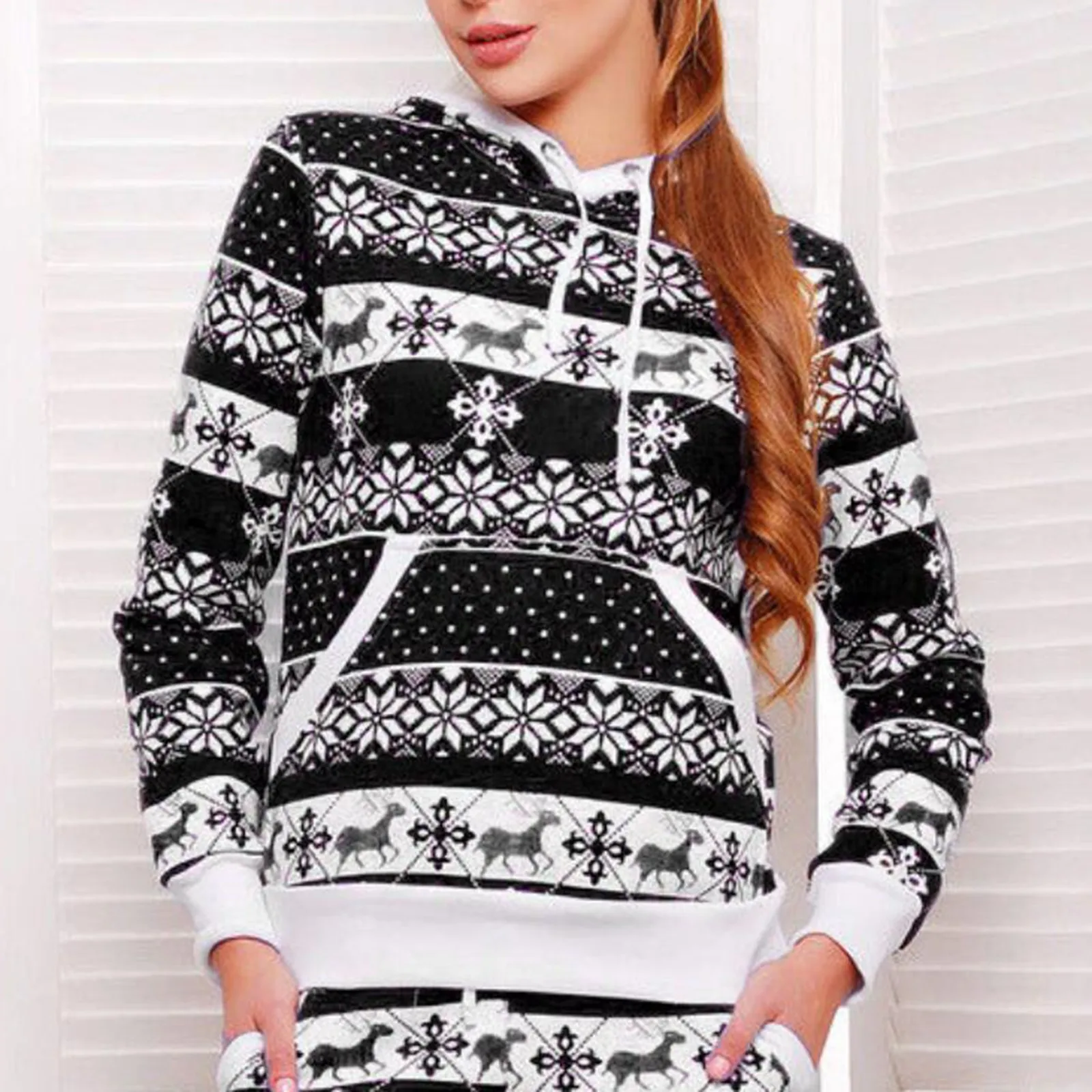 Christmas Print Drawstring Hoodies Tops Women Sweatshirt Long-Sleeve Hoodie Snowflake Pocket Pullover Casual Top 2