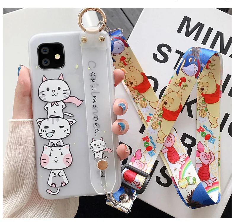 For iphone 11 Cute Avocado Wrist Strap phone Case for iphone 11 pro max Cartoon CAT silicone Rabbit Back cover+ strap