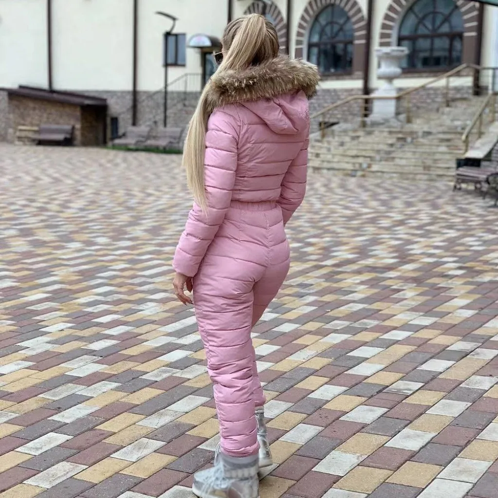 Женский зимний комплект из 2 предметов, теплая куртка, Женский костюм с капюшоном, однотонный комбинезон, элегантный теплый лыжный костюм на молнии, комбинезон, зимний комбинезон, мягкое пальто
