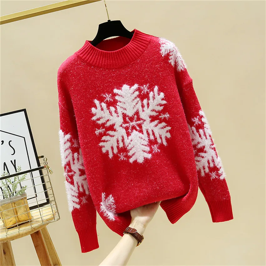 Autumn Winter Fashion Women Red christmas Sweaters Female Warm Snow knitted Sweater Turtleneck Basic Tops Pullover 1053 | Женская одежда