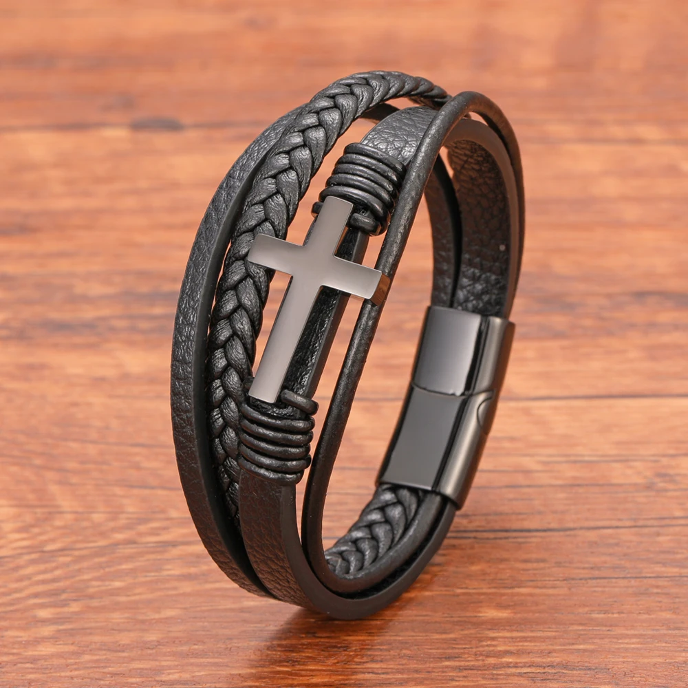 Fashion Multi Layer Stainless Steel Black Cross Leather Bracelet for Men Women Classic Christian Prayer Christmas Gift - Image 3