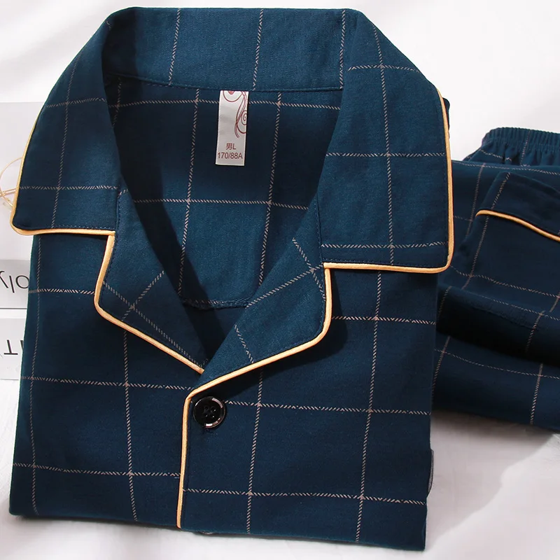 Spring Men Pajamas Blue Button-Down 100% Cotton Pijama Hombre 2PCS Pure Cotton Plaid Nightwear PJ Pyjama Heren Plus Size 4XL 5XL