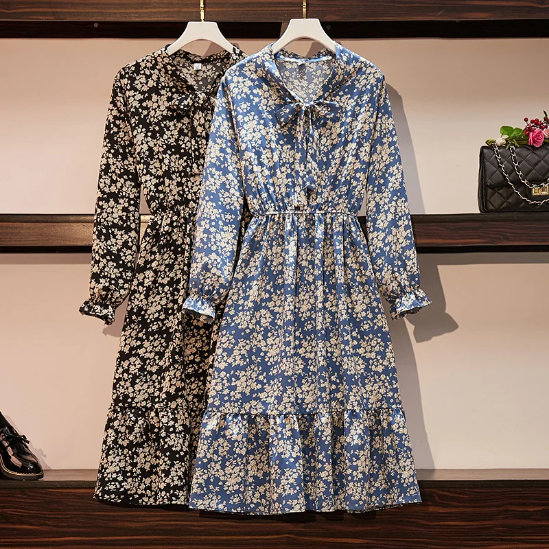 Women Long Sleeve Floral Dress Vintage Print Spring Casual Chiffon Mid-calf Dresses Red Bow Tie Collar Ruffle Boho Vestido | Женская