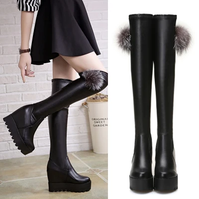 Over-the-knee boots, increased elasticity,, autumn and winter, new thick-bottomed high-top wedge boots, high-heeled boots