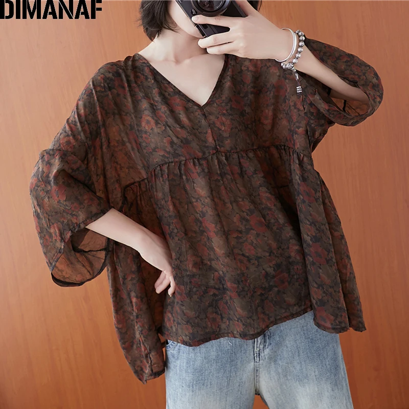 

DIMANAF Summer Plus Size Women Blouse Shirts Clothing Chiffon Elegant Lady Tops Tunic Vintage Floral Print Casual Loose Oversize