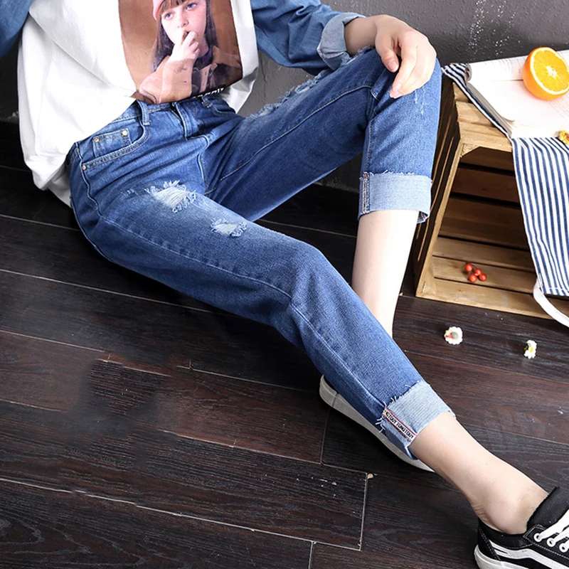 

Cuffs Ripped Women's Jeans High Waist Ankle Length Harem Pants Woman With Holes Mujer Elastic Back Waist Pull Up Jeans For Girls