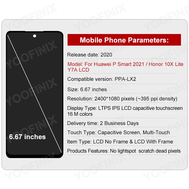 화웨이 P 스마트 2021 LCD PPA-LX2 터치 스크린 디지타이저 교체 부품, 아너 10X 라이트 디스플레이 Y7A LCD 패널, 6.67 인치