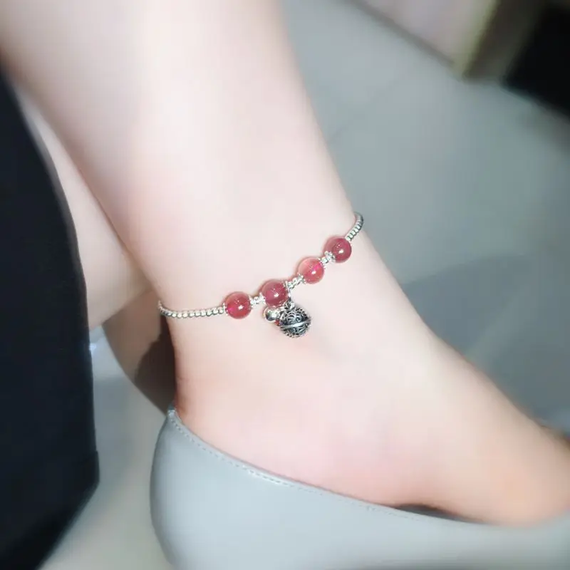 

S925 Palace Bell Fine Silver Anklet Natural Strawberry Crystal Recruit Peach Blossom Women's Simple Bell Crystal Anklet Weaving