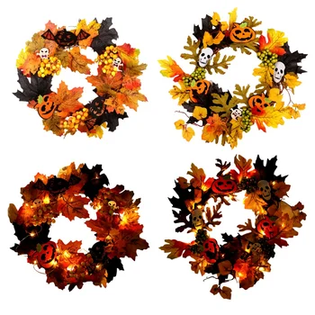 

New Artificial Flower Ring Pumpkin Skull Head Halloween Decor Door Hanging Maple Leaf Rattan Circle Window Decoration With Light