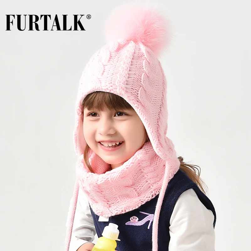 FURTALK/детская зимняя шапка с помпоном комплект шарфом для девочек и мальчиков