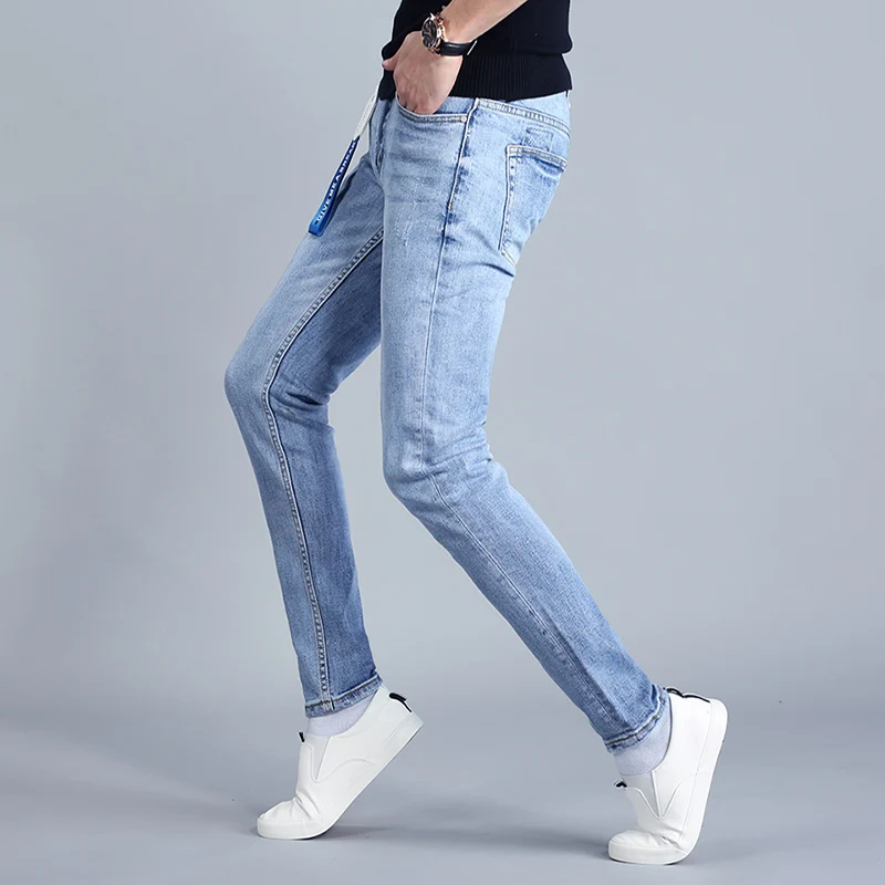 Summer Men's Light Blue Jeans Korean Style Casual Cotton Slim Fit Denim Pants