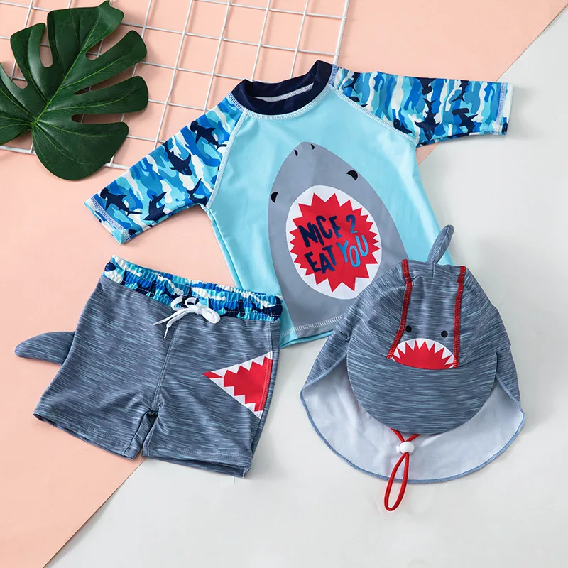 Bathing Suit Child Baby Swimsuit 3 Pieces Kids Boys Swimming Suit UV Protection Shark Print Toddler Swimwear Summer Beach Wear