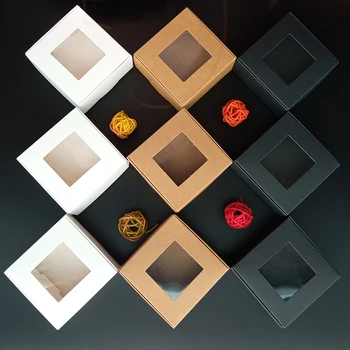 

Vintage Color Kraft Paper Candy Box Christmas Birthday Baby Shower Gift Box With Clear PVC Window Cake Decoration Accessories