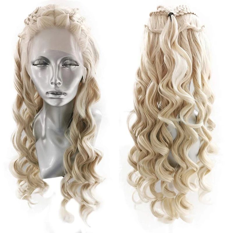 RONGDUOYI Blonde Body Wave Synthetic Lace Front Wig with Four Plaits Daenerys Targaryen Cosplay Costume Love Hair Style | Шиньоны и