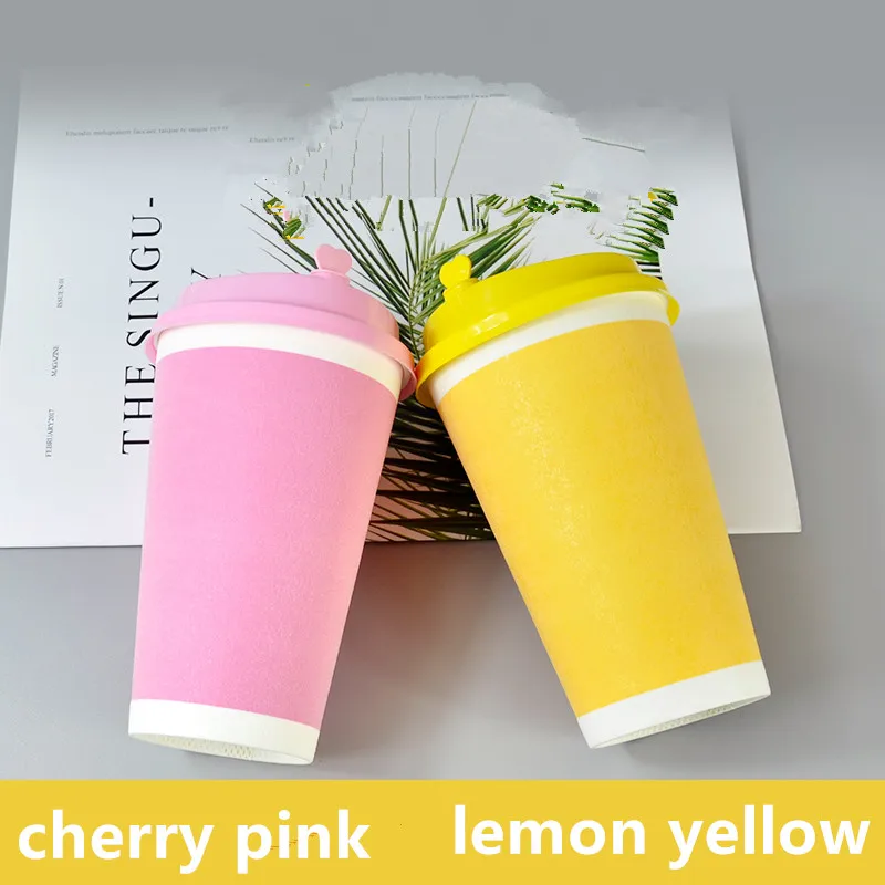 

500pcs Net red cherry pink lemon yellow paper cup disposable foam tea cup thickening anti-hot hot drink packaging cup with lid