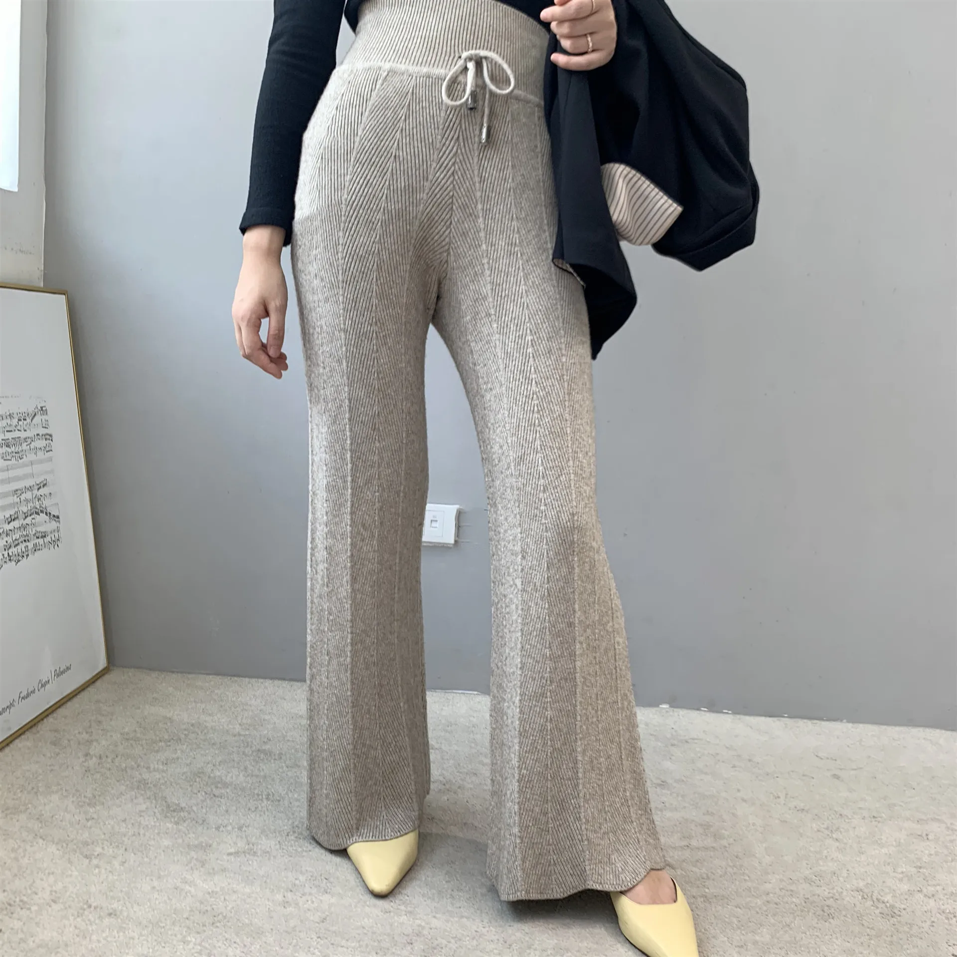 Women Pants New autumn Soft Waxy Striped mid-Waist Knitted Pants Female Pure Color Wide Leg Pants Casual trousers