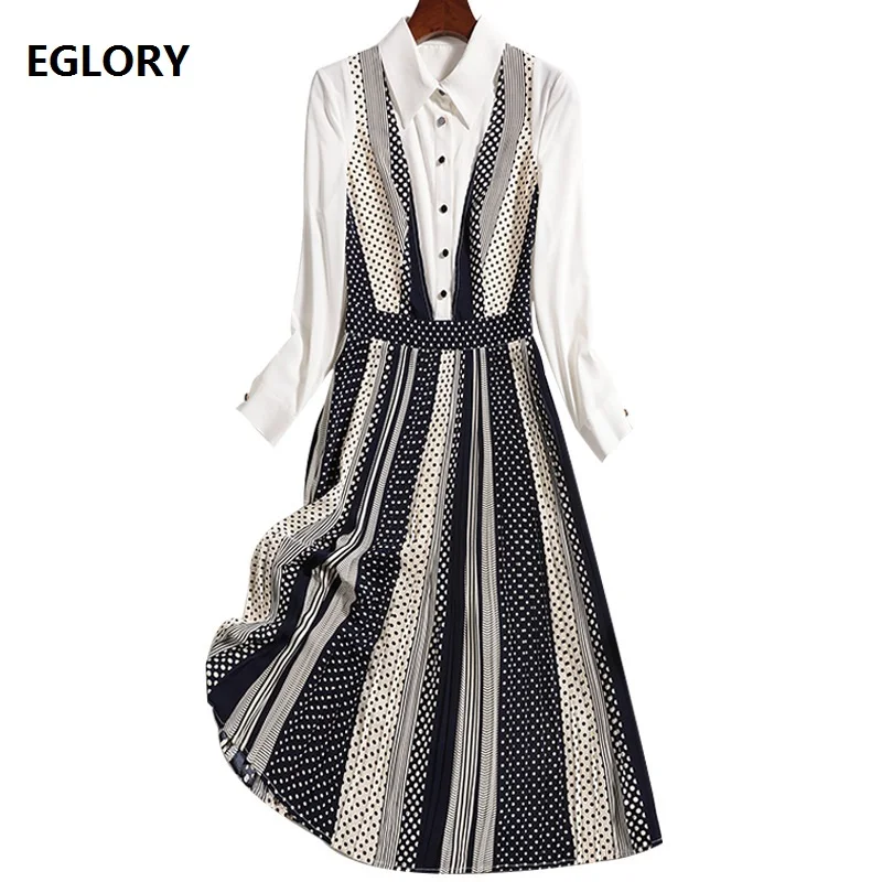 

One Piece Dress 2020 Spring Style Women Turn-down Collar Polka Dot Print Patchwork Long Sleeve Mid-Calf Length Vintage Dress