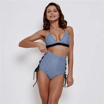

Sexy Swimsuit Women Bandeau Swimwear Female Summer Plaid Bikini Halter Beachwear Bathing Suit Swimwear Hight Waist Swimsuit