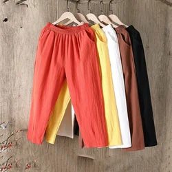 FAKUNTN – pantalon Large en coton et lin pour femme, sarouel de couleur unie, taille élastique, ample, décontracté, printemps été 